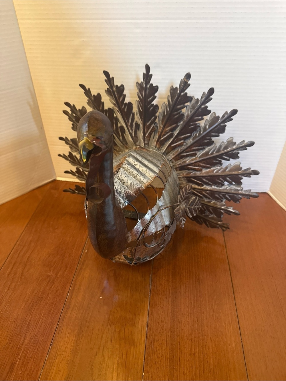 Rustic Metal Fall Turkey Decor Fanned Out Feathers 12" tall Decor